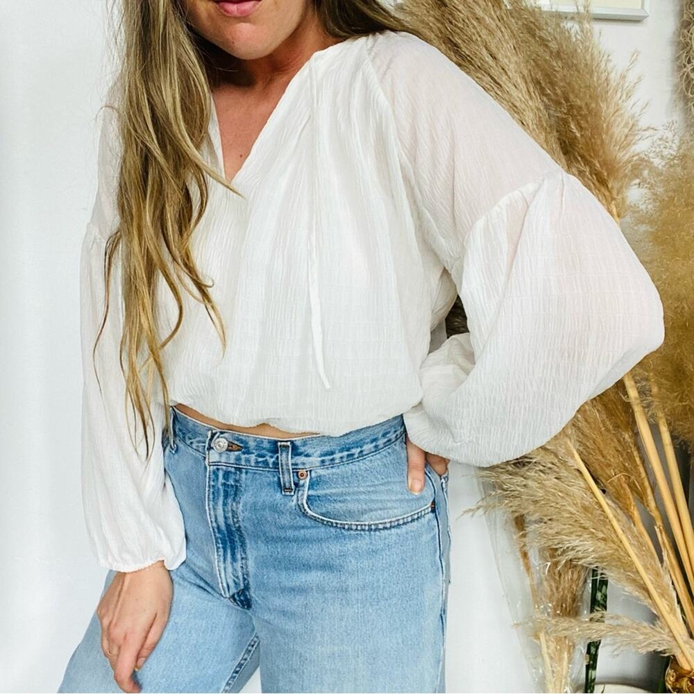 WAYF REVOLVE White Long Balloon Sleeve Crop Elastic Waist Blouse Shirt Top M